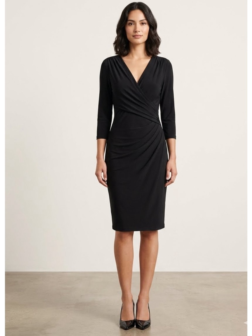 NWT Lauren Ralph Lauren Black Faux Wrap Dress Size 8 Modern Professional Classic